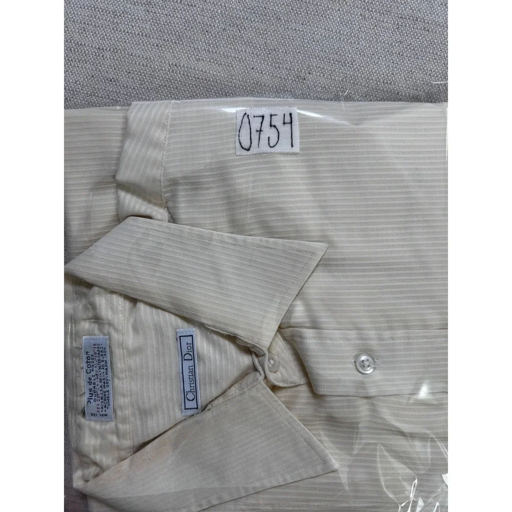 Vintage Christian Dior Plus de Coton Shirt Men L Ivory Short Sleeve Button USA